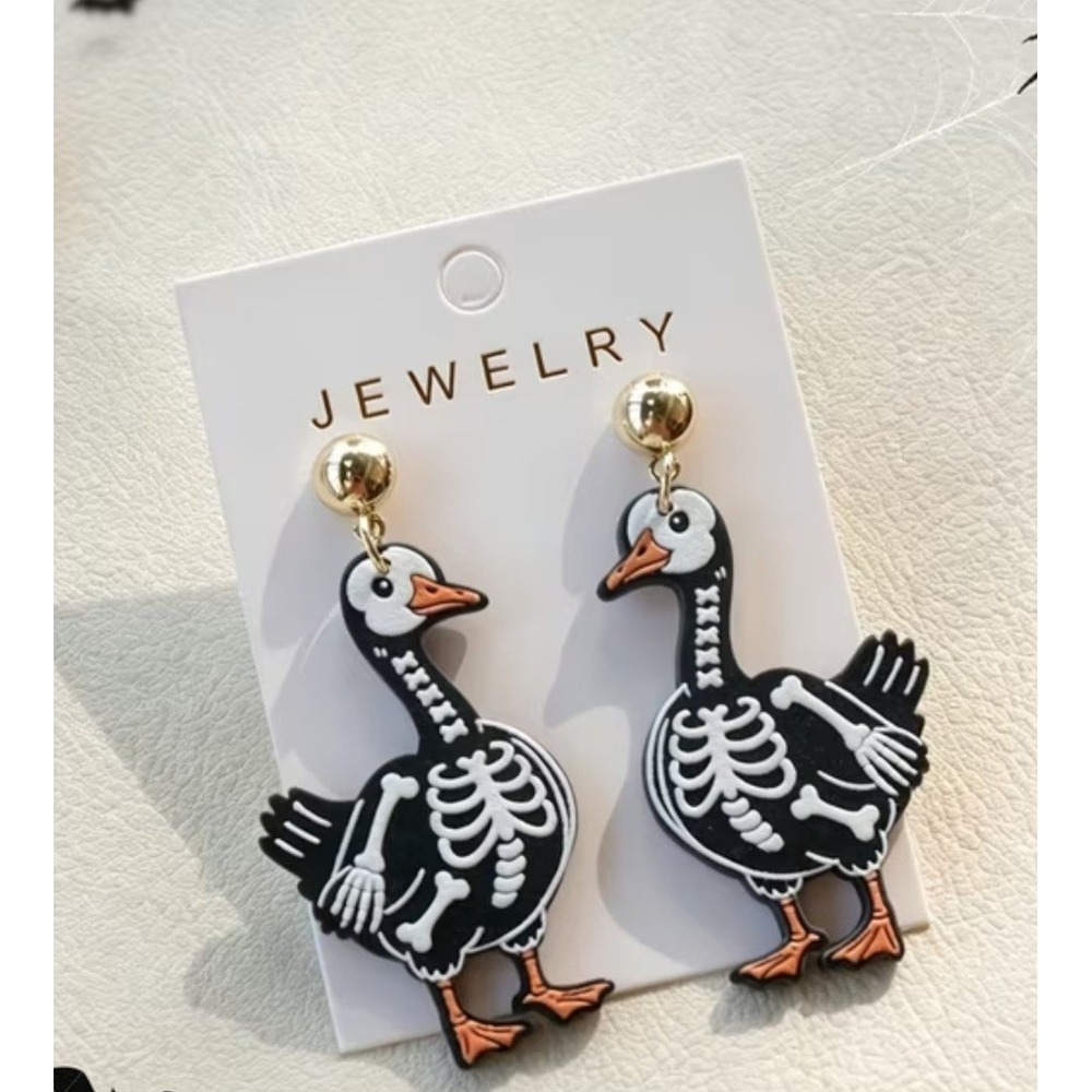 Skeleton Silly Goose Drop Earrings Black White Halloween Bird Jewelry